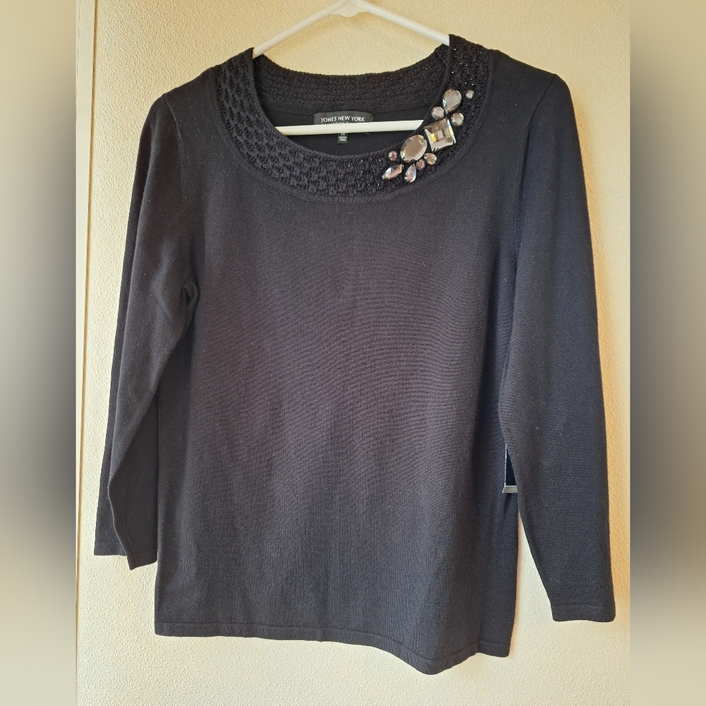 Jones New York Black Embellished Blouse Petite Medium NWT